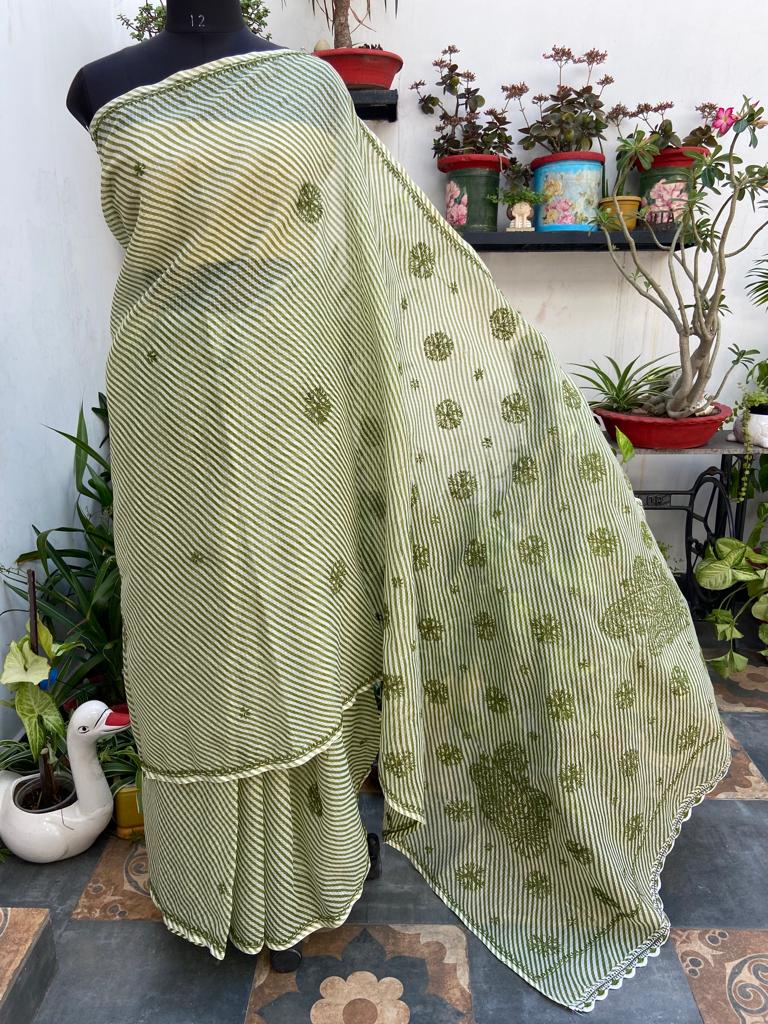 Kota Doria Chikankari Work Saree In Green