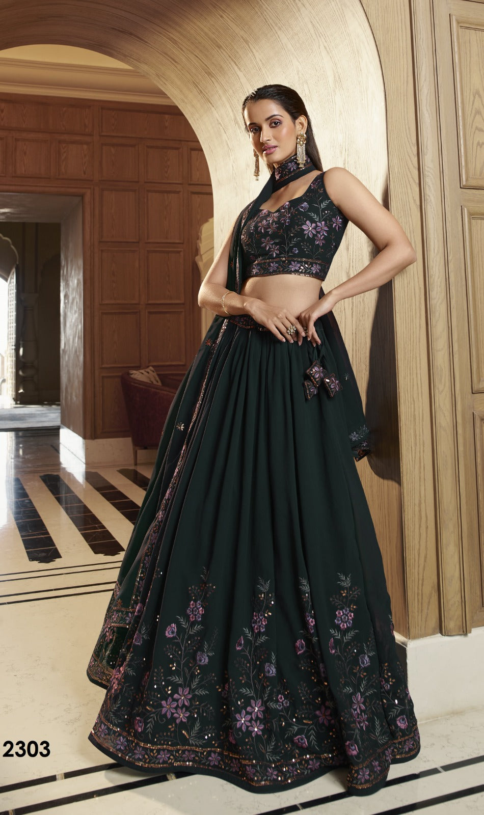 Georgette Lehenga In Green (semi Stitched)