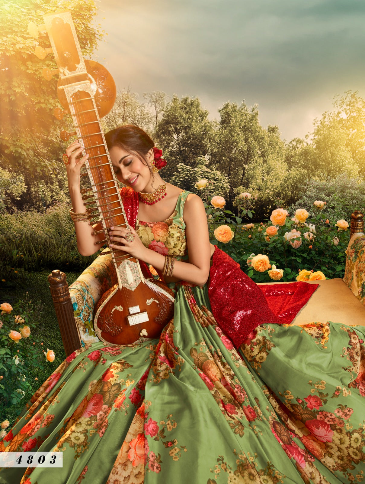 Floral Organza Lehenga In Green (Semi Stitched)