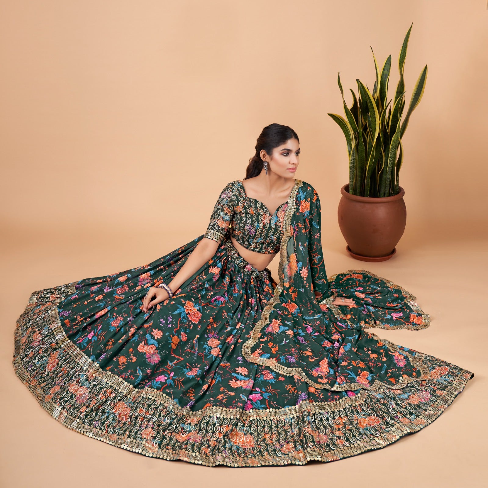 Green Floral Organza Lehenga (Semi-Stitched)