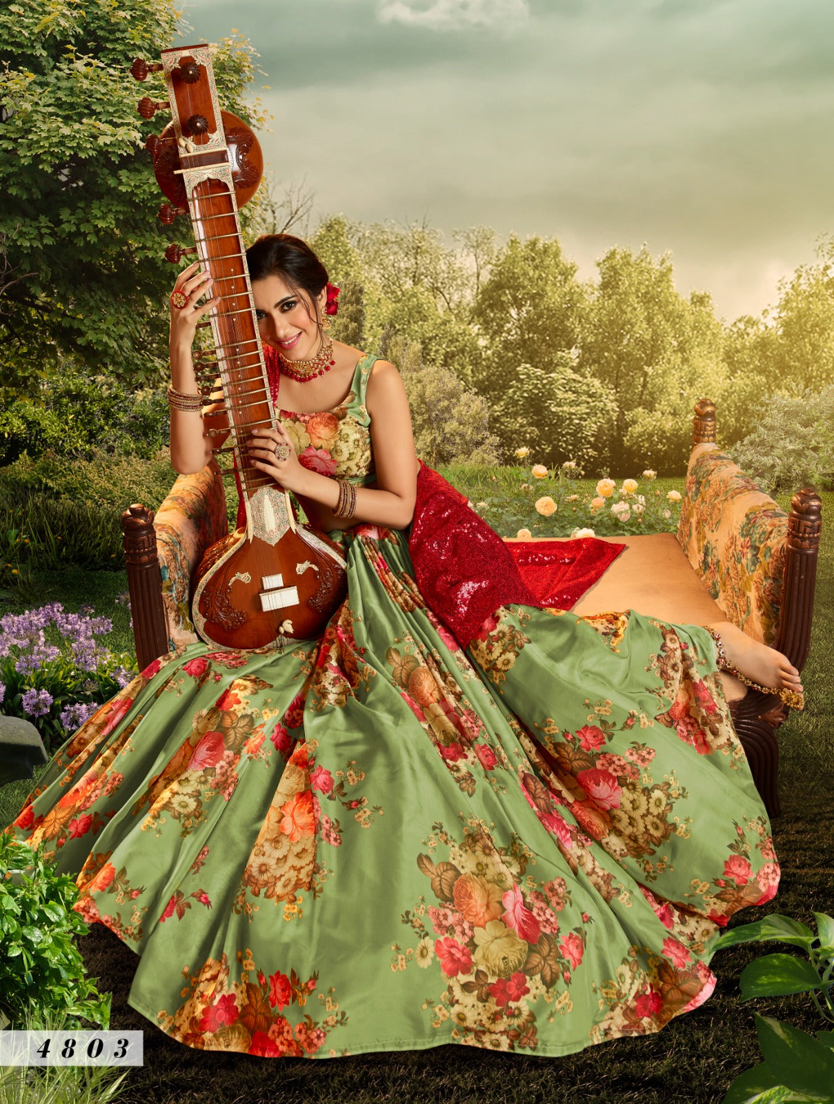 Floral Organza Lehenga In Green (Semi Stitched)