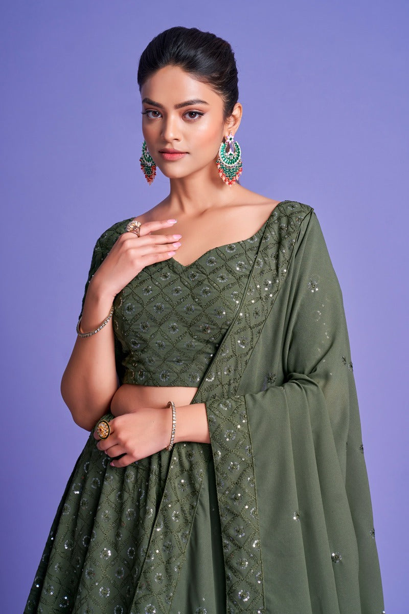 Green Sequins Embroidery Lehenga (Semi Stitched)