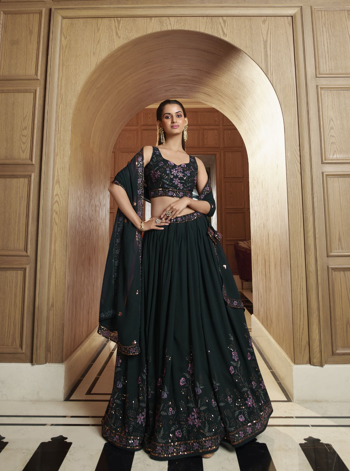 Georgette Lehenga In Green (semi Stitched)