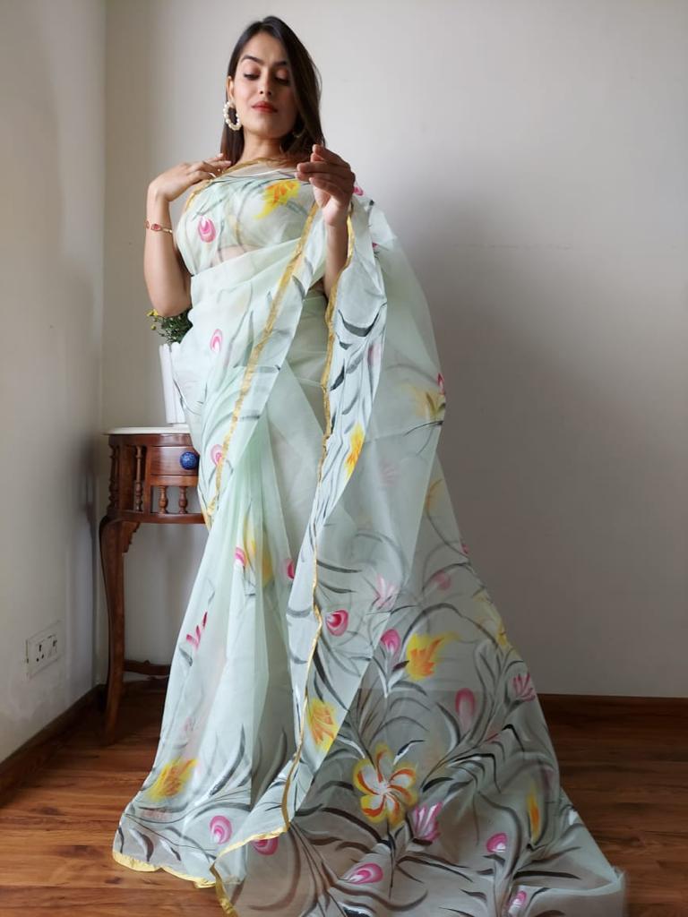 Green Organza Hand Painted Saree