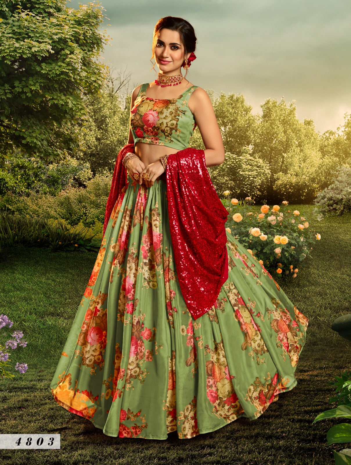 Floral Organza Lehenga In Green (Semi Stitched)