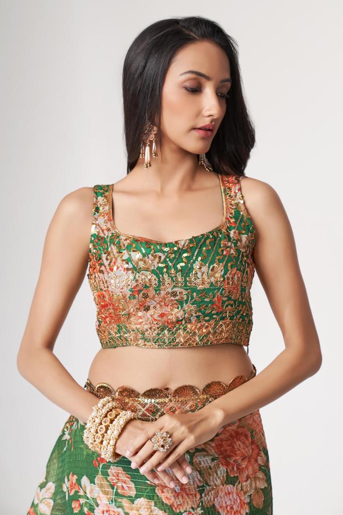 Green Organza Sequins Work Saree