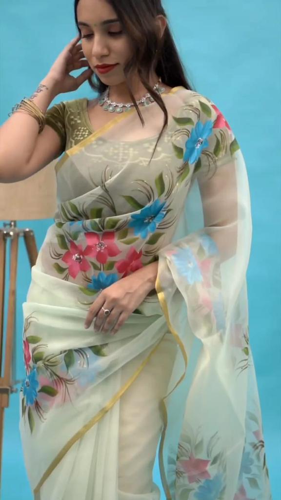 Organza Hand Painted Saree In Light Green