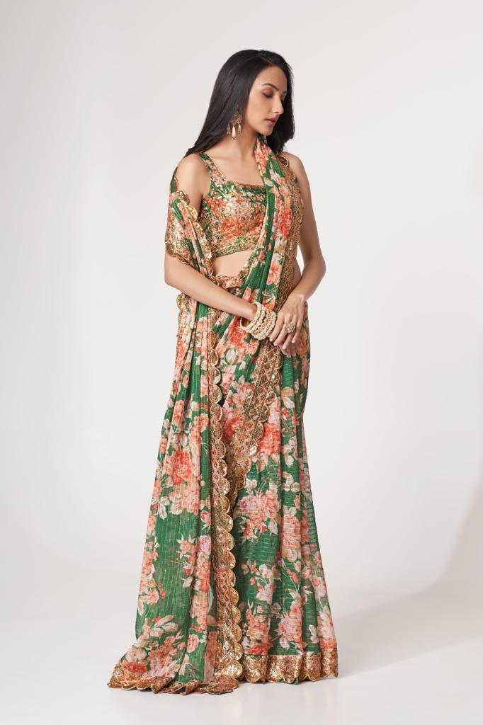 Green Organza Sequins Work Saree
