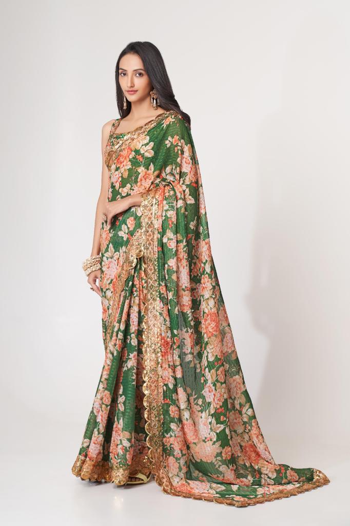 Green Organza Sequins Work Saree