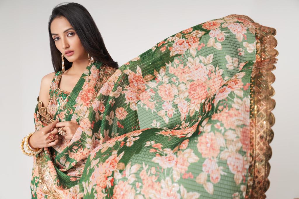 Green Organza Sequins Work Saree