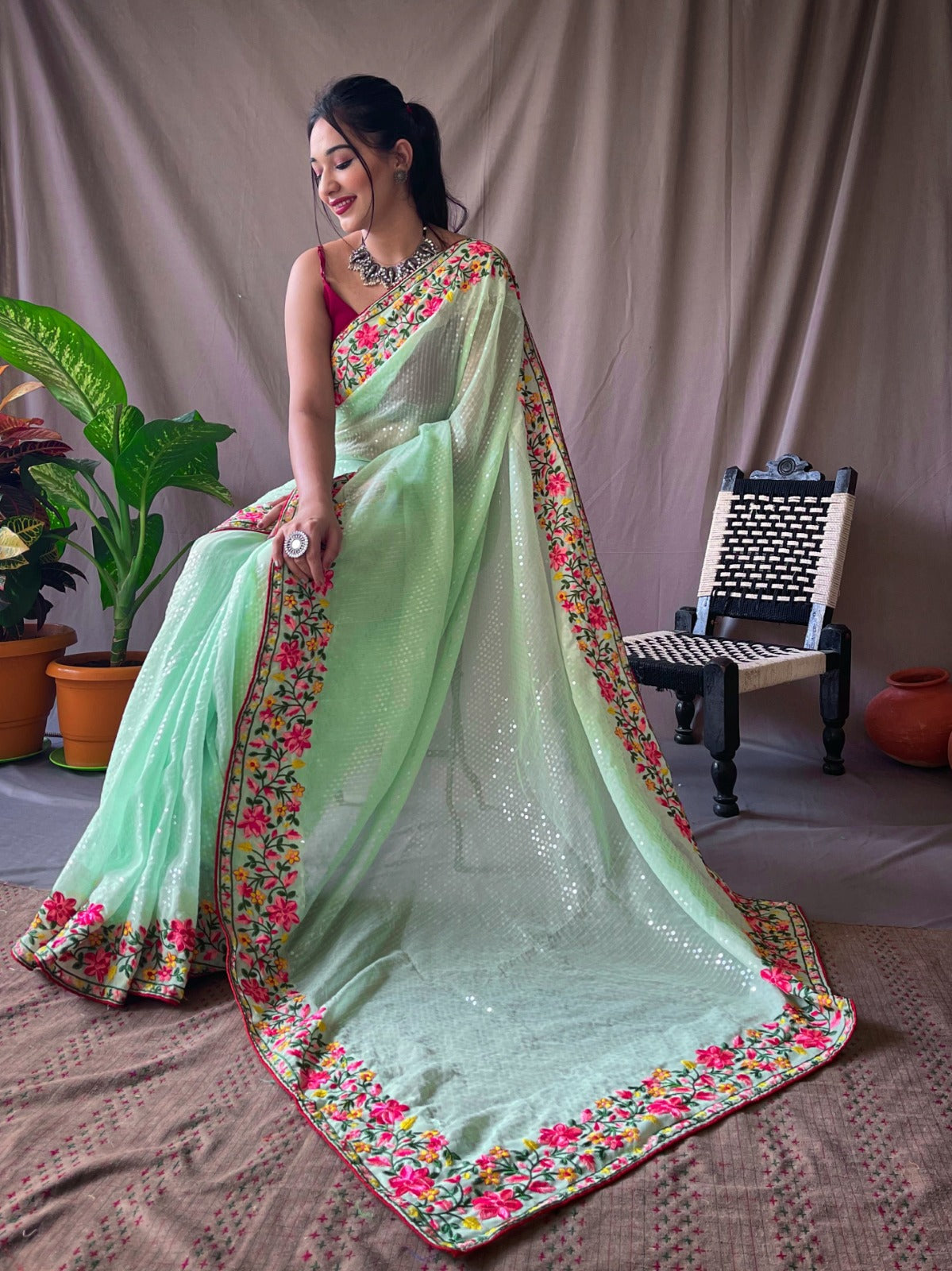 Sequins Work Saree In Sea Green