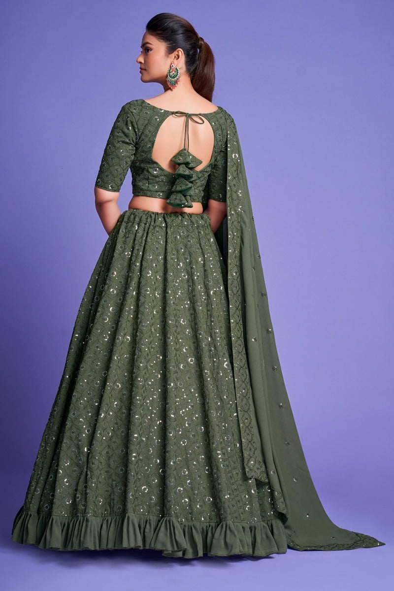 Green Sequins Embroidery Lehenga (Semi Stitched)