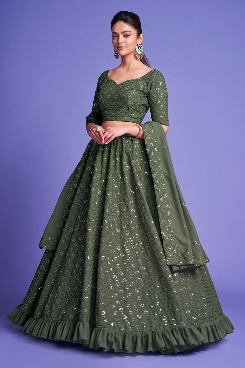 Green Sequins Embroidery Lehenga (Semi Stitched)