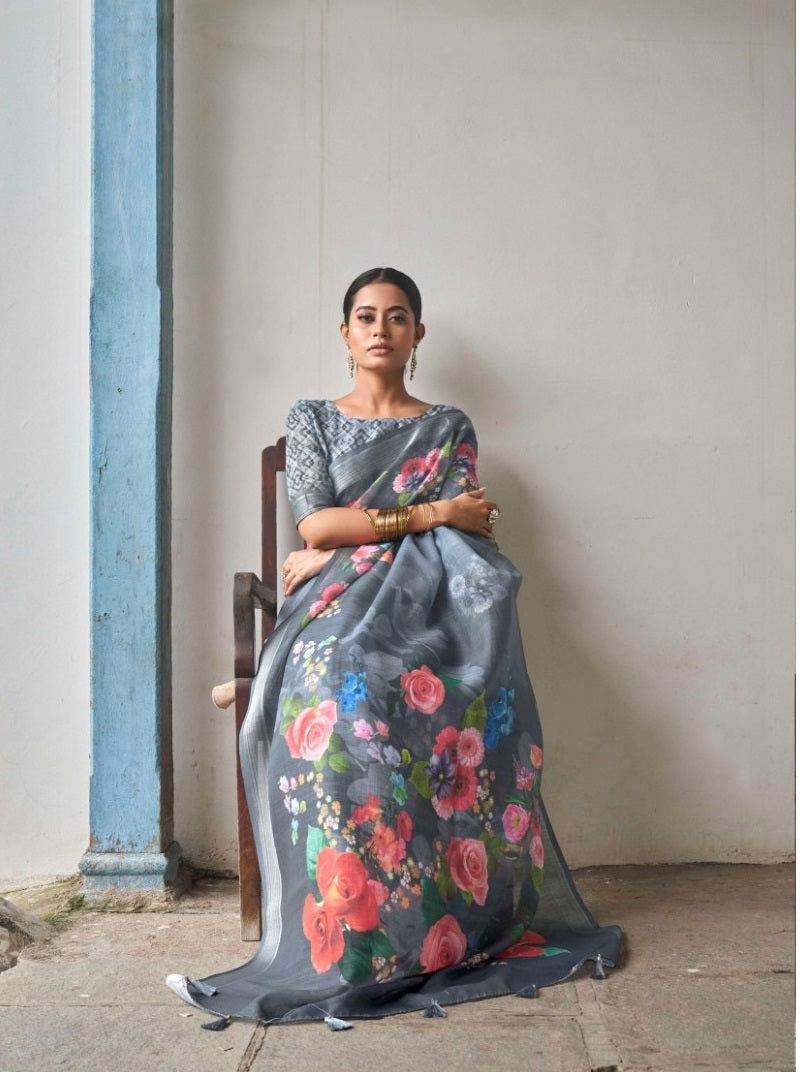 Linen Cotton Saree In Grey