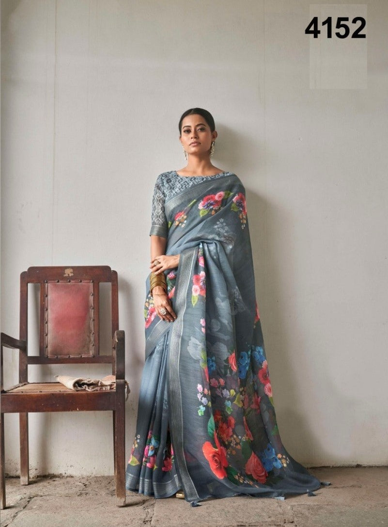 Linen Cotton Saree In Grey