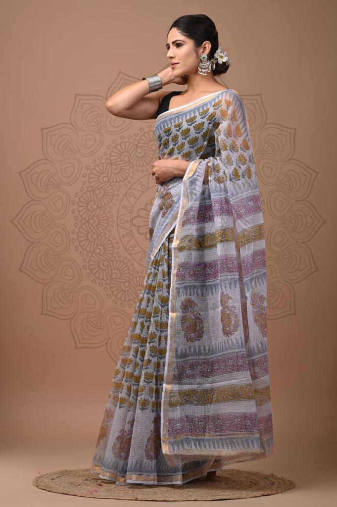 Grey Block Print Kota Doria Saree