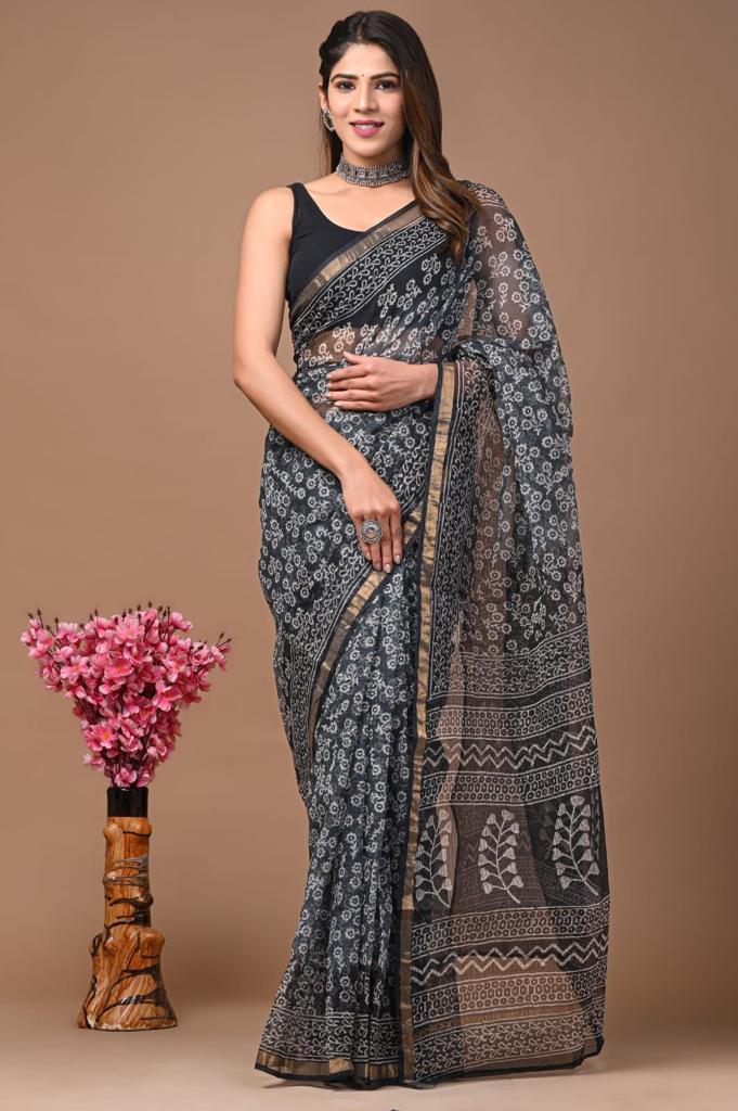 Light Blue Block Print Kota Doria Saree