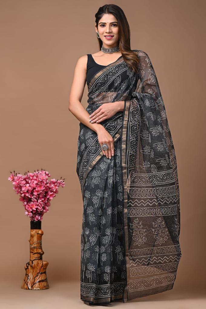 Dark Blue Hand Print Block Kota Doria Saree
