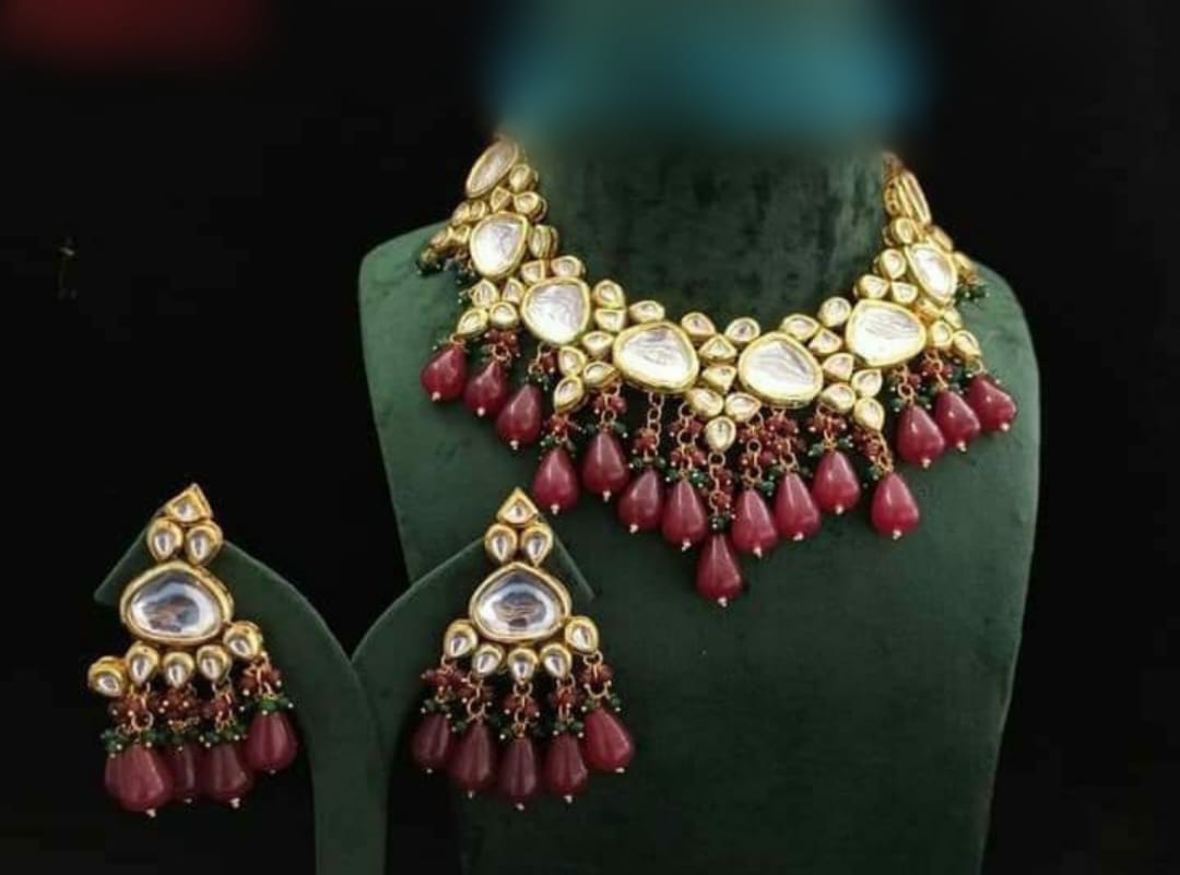 Heavy Pearl Bridal Maroon Kundan Necklace Set