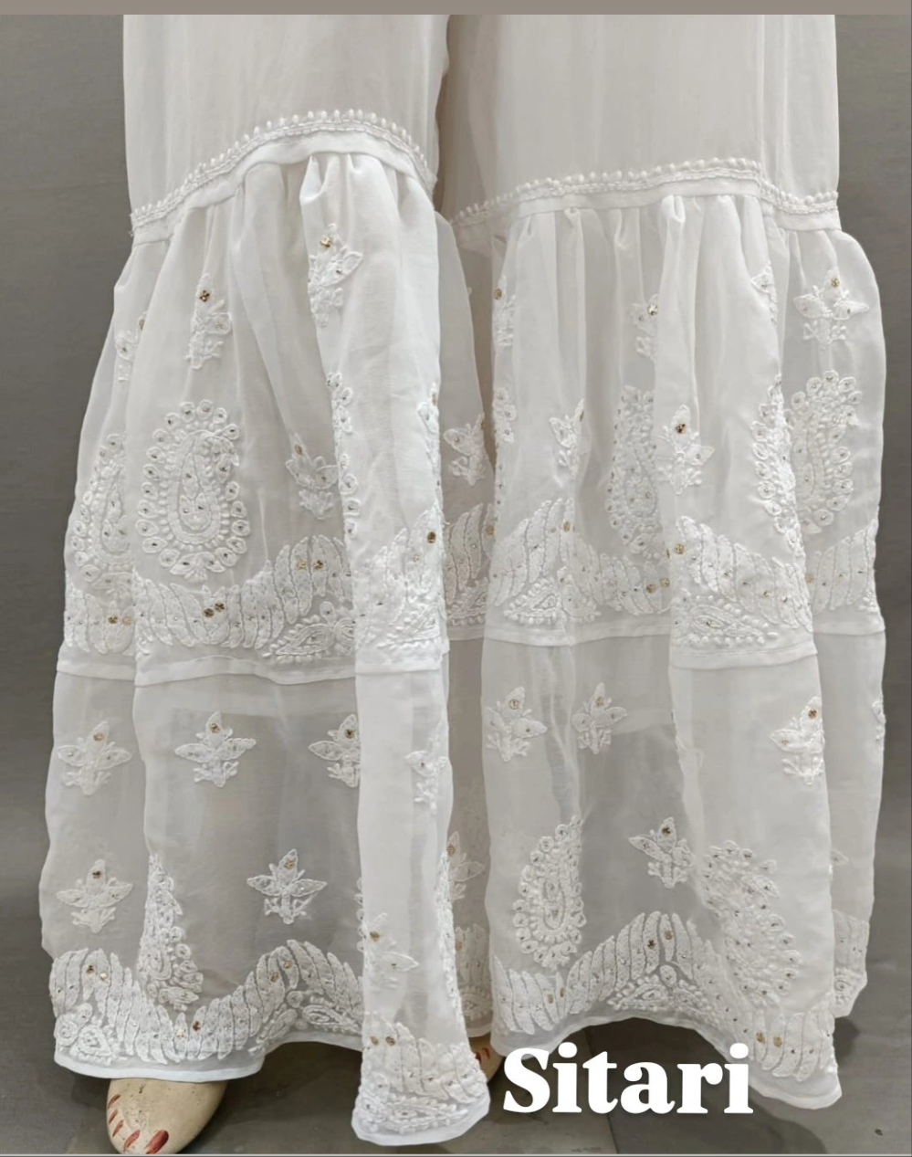Sitari Georgette Sharara pure white with gota patti work