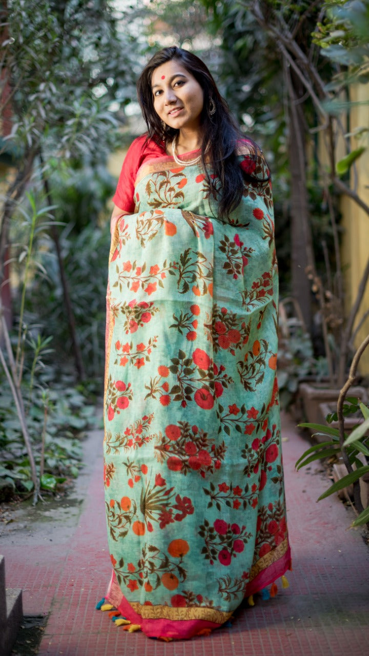 Green Digital Print Linen Saree