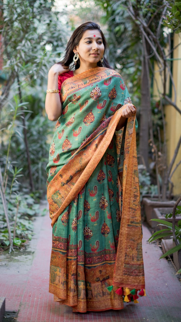 Floral Digital Print Linen Saree In White