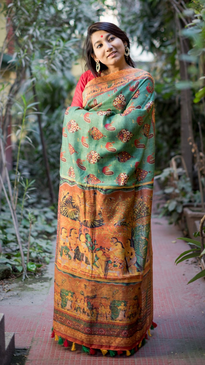 Floral Digital Print Linen Saree In White