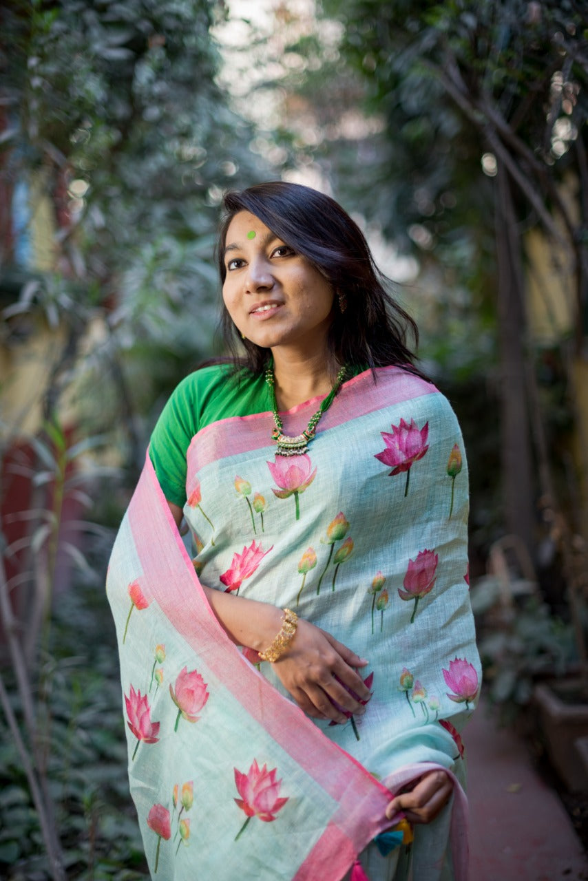 Sky Blue Printed Pure Linen