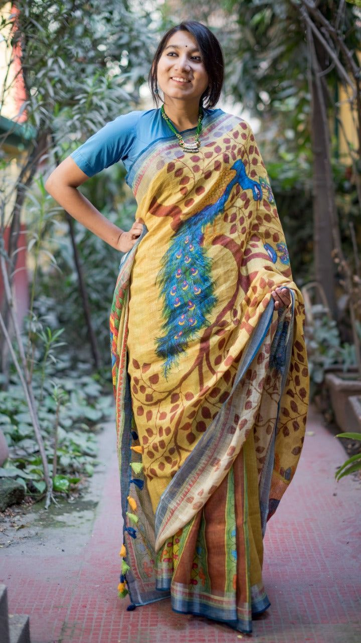 Floral Pure Linen Saree