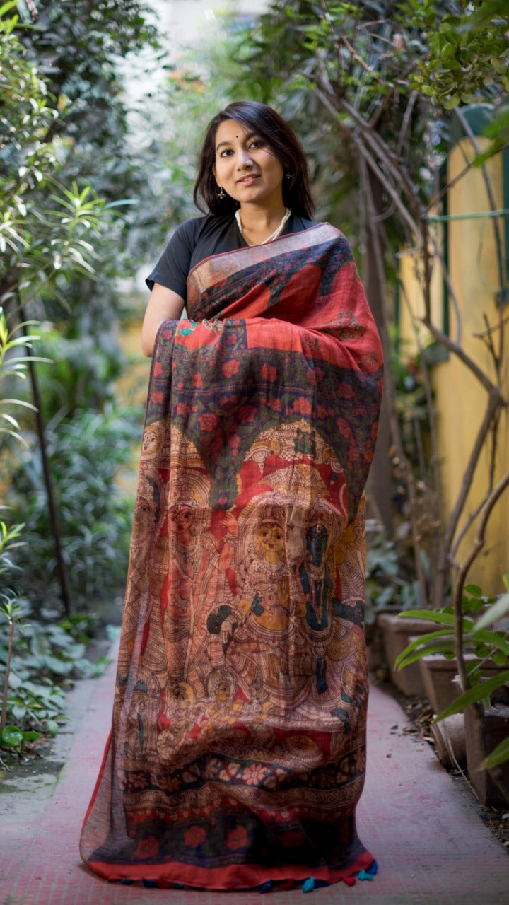 Black And Red Printed Pure Linen Saree