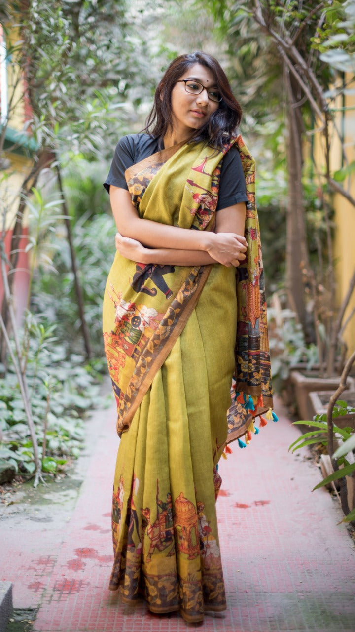 Green Pure Linen Printed  Saree