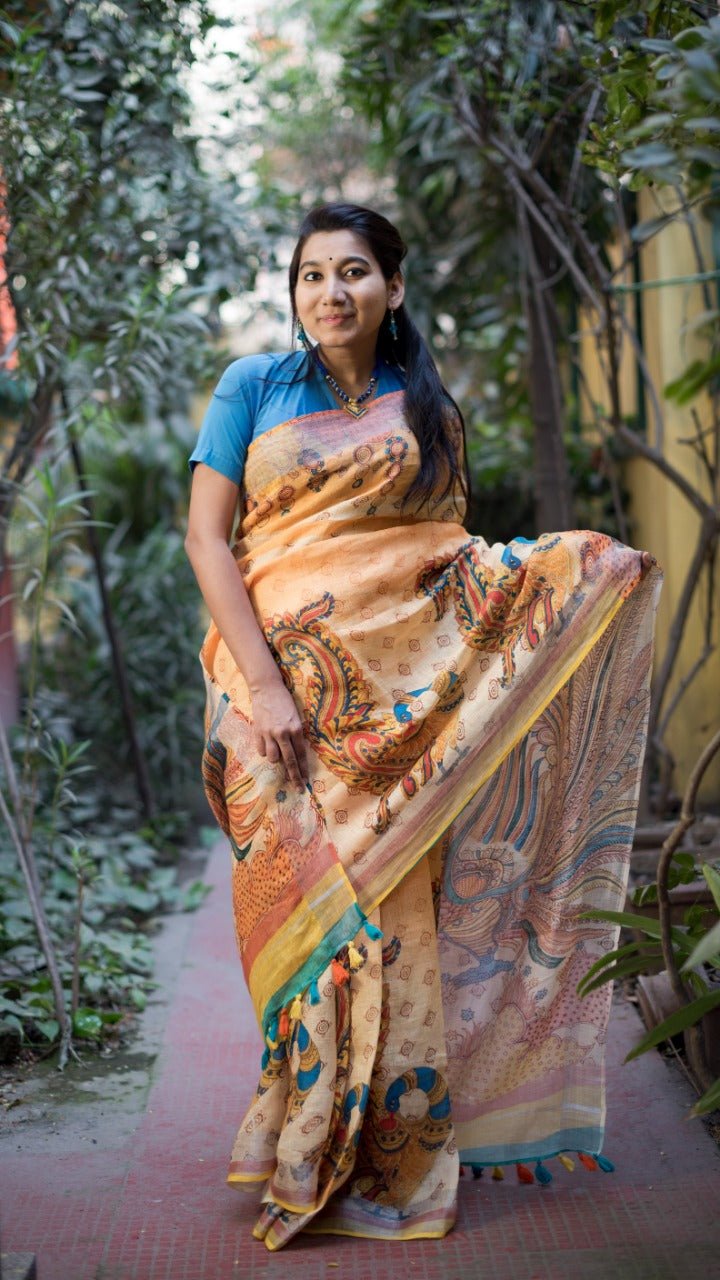 Cream Bengal Handloom Linen Saree