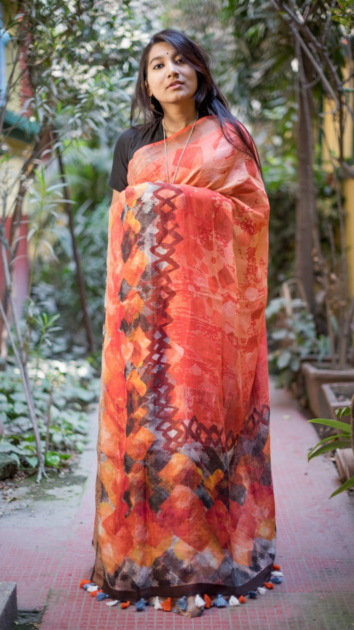 Peach Bengal Handloom Linen Saree