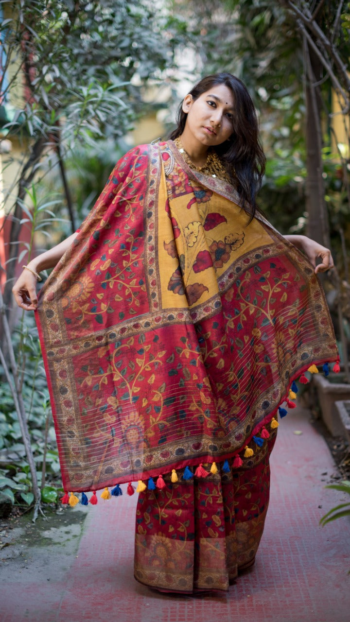 Yellow Pure Linen Saree