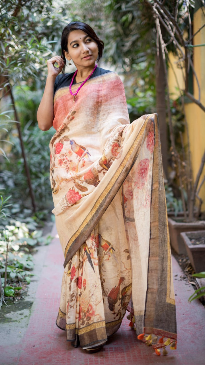 Cream Pure Linen Saree