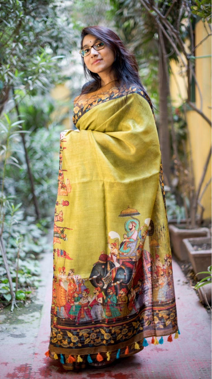 Green Pure Linen Printed  Saree