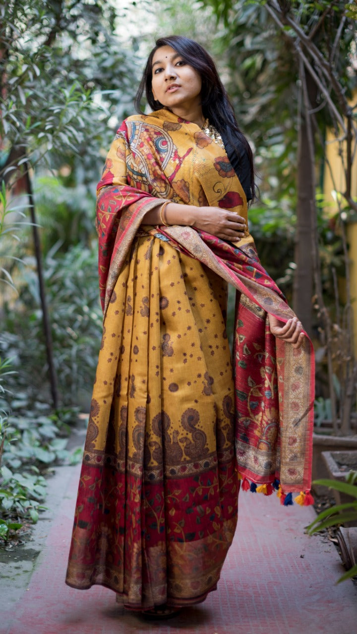 Yellow Pure Linen Saree