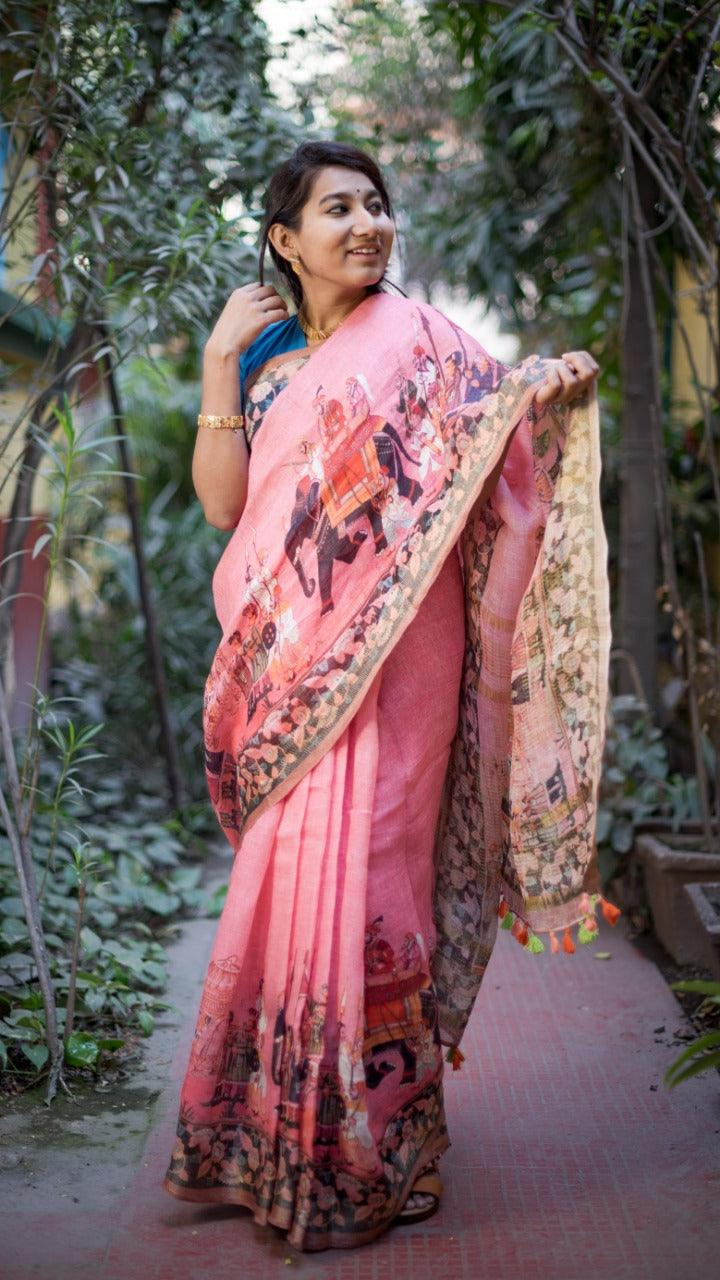 Pink Digital Print Linen Saree