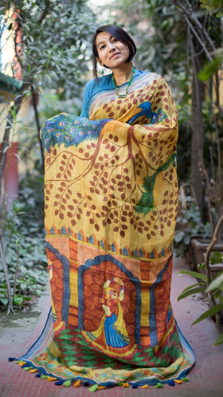 Floral Pure Linen Saree