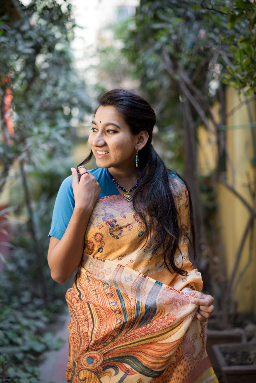 Cream Bengal Handloom Linen Saree