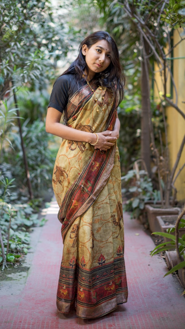 Brown Digital Print Linen Saree