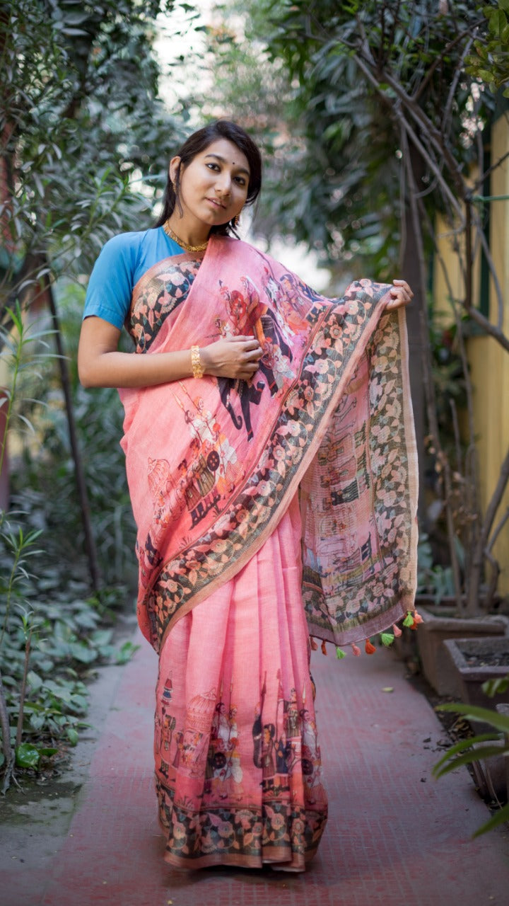 Pink Digital Print Linen Saree