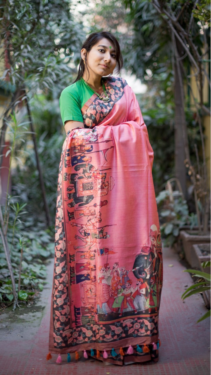 Pink Digital Print Linen Saree