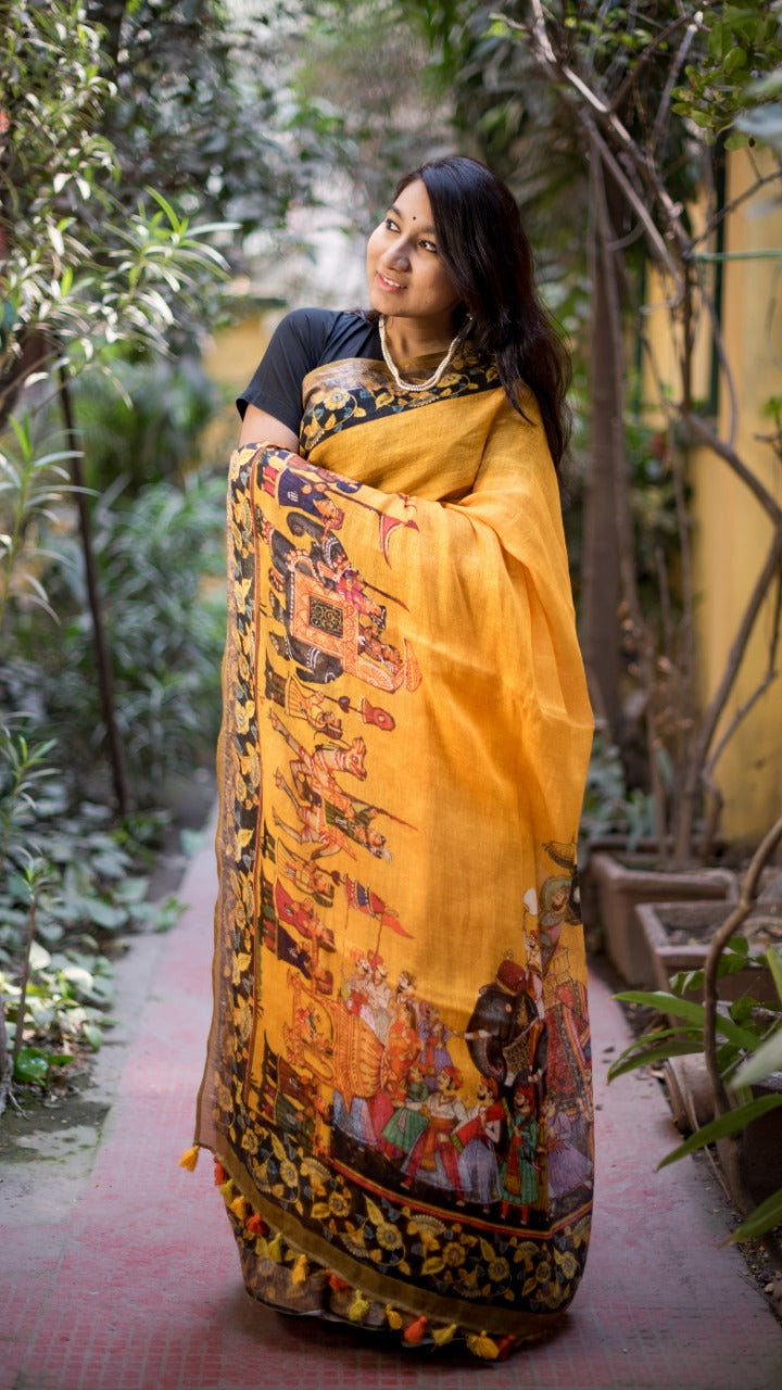 Pure Linen Saree In Yellow