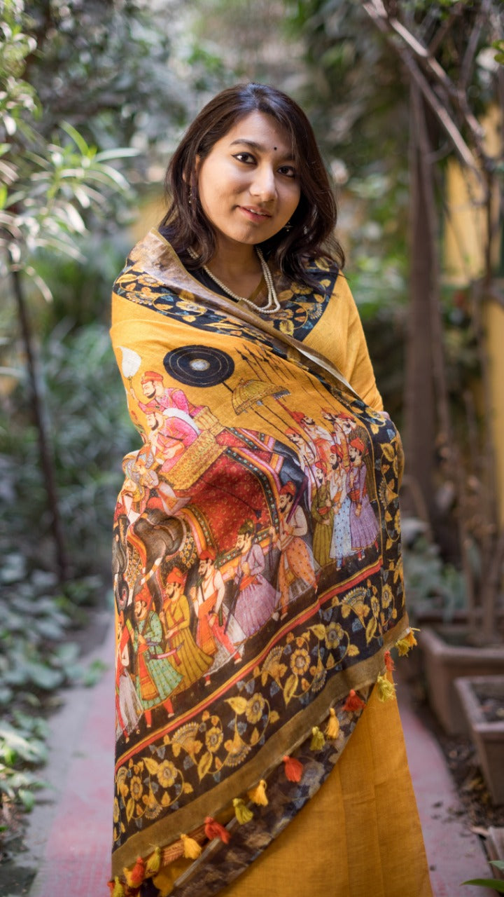 Pure Linen Saree In Yellow