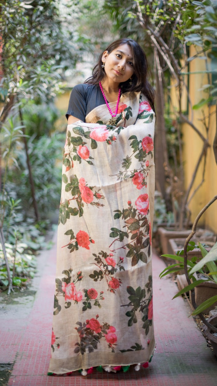 Digital Floral Print Linen Saree In Offwhite