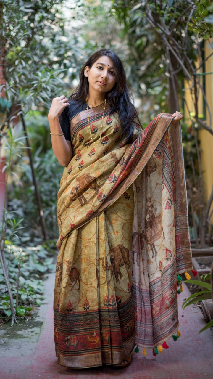 Brown Digital Print Linen Saree