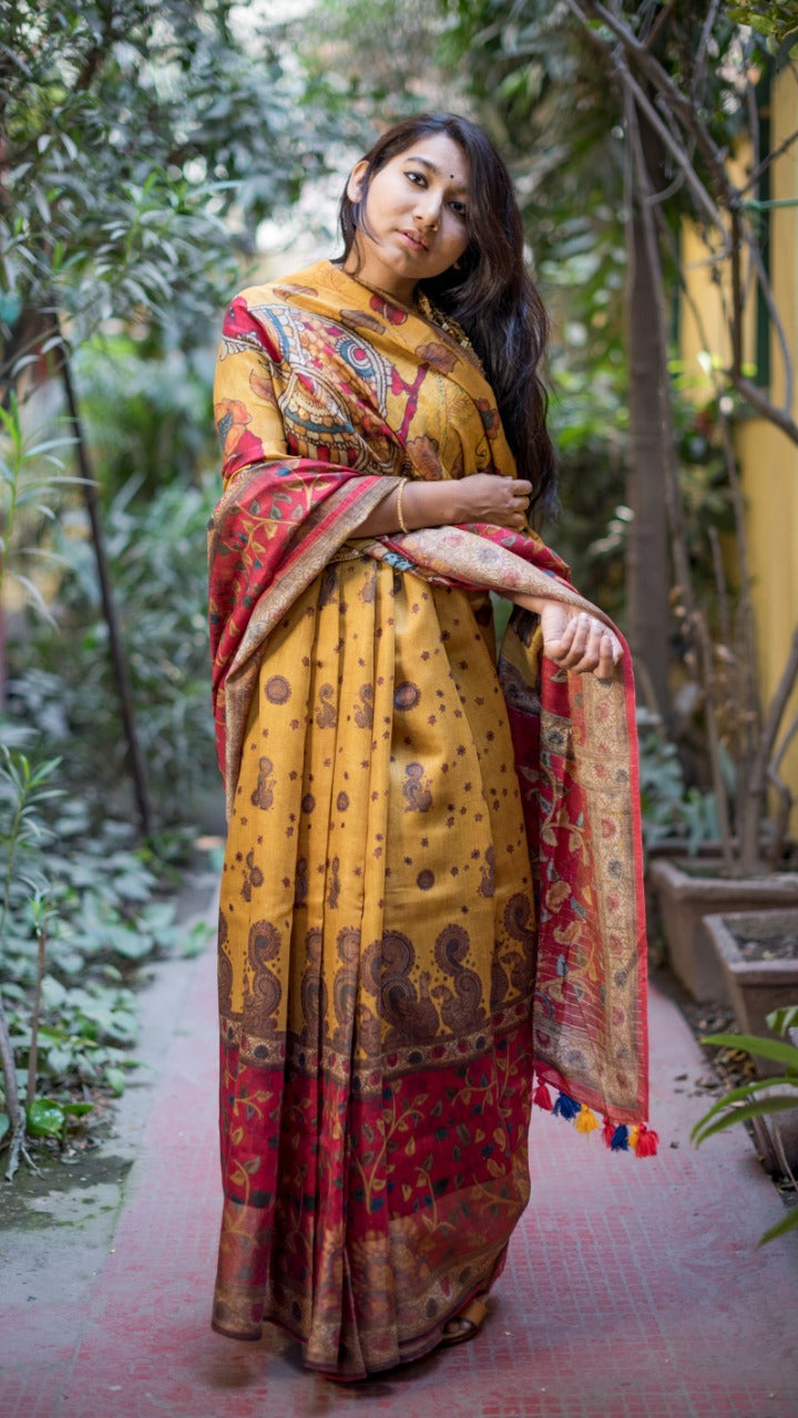 Yellow Pure Linen Saree