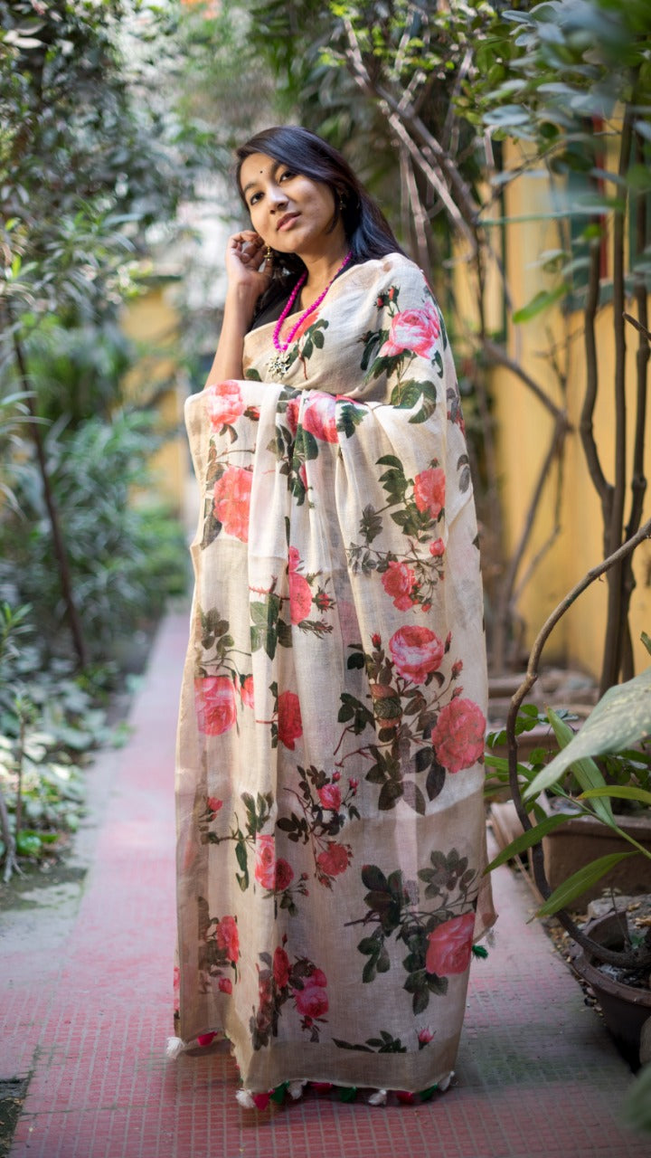 Digital Floral Print Linen Saree In Offwhite