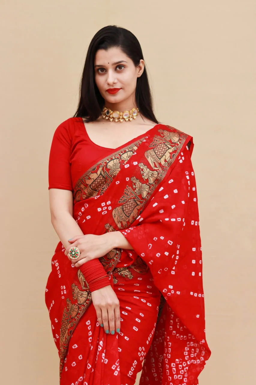 Red Bandhani Viscose Silk Saree